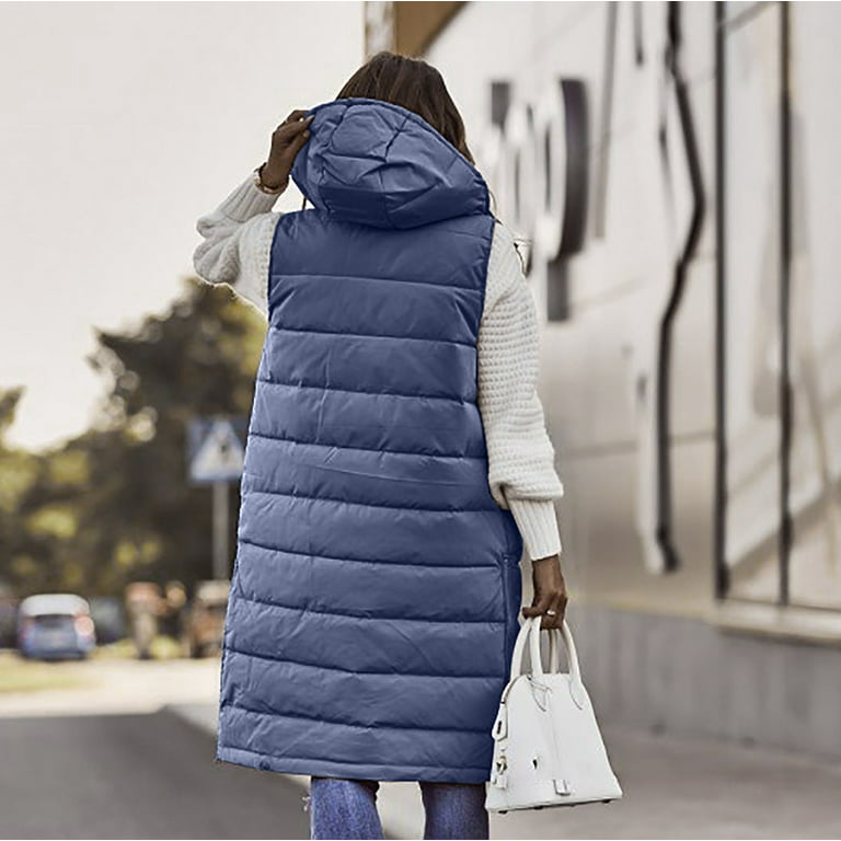 WREESH Womens Long Puffer Vest Sleeveless Hooded Puffy Jackets Winter Warm  Padded Down Jacket Outerwear Vests Blue 
