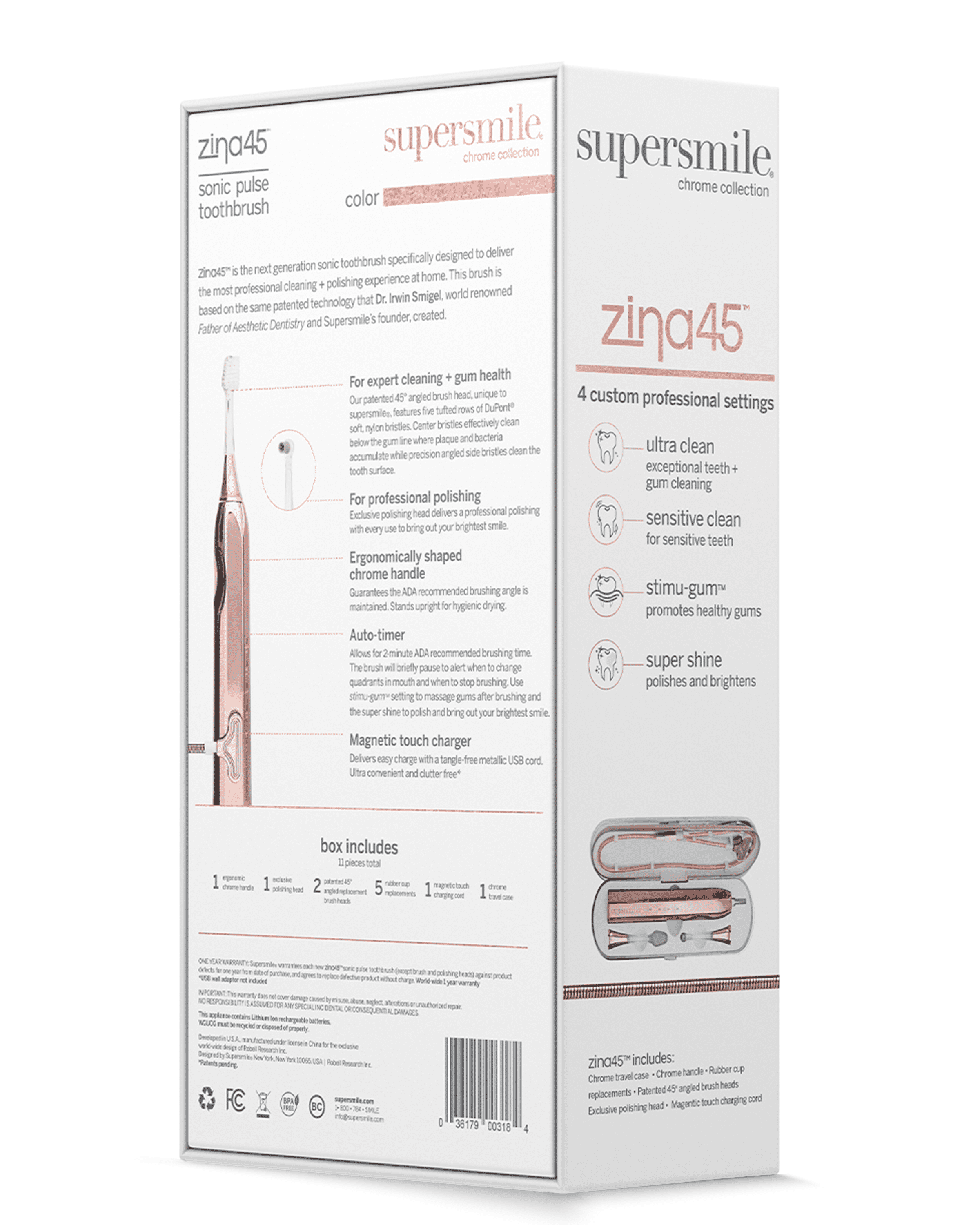 Supersmile Zina45 Sonic Pulse Electric Toothbrush - Rechargeable Whitening Tooth Brush w/Polishing Head - 4 Cleaning Modes, Rose Gold