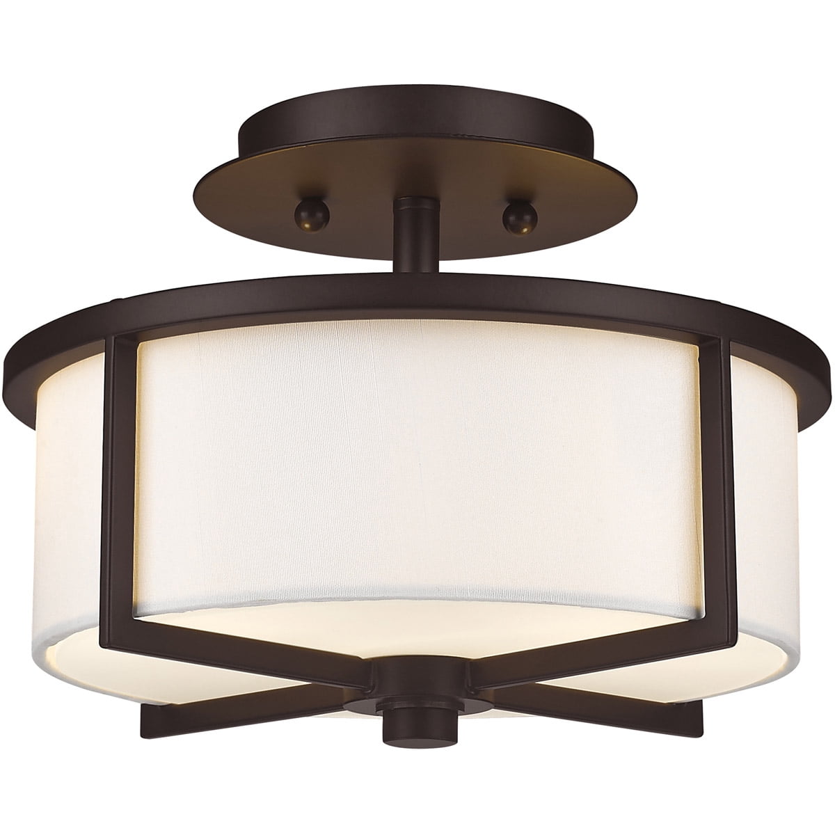 2 Light Bronze Ceiling Light fixture with Hand Crafted Off-White Fabric Hardback Shade