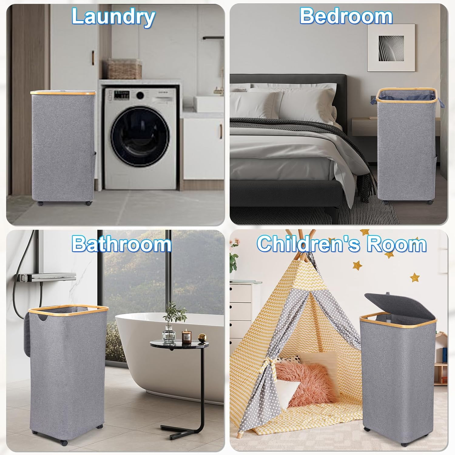 Large Laundry Basket with Wheels,100L Hampers for Laundry,Freestanding Laundry Hamper with Lid and Bamboo Handles,Collapsible & Waterproof Tall Cloth Hamper for Dorm Family（Grey）