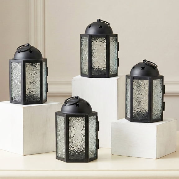 Mini Small Decorative Moroccan Candle Lantern Holders for Hanging, Indoor Home Decor, Outdoor Patio, Weddings, Clear, 4pk