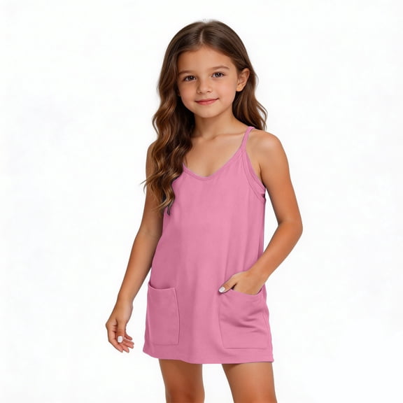 HAOTAGS Girls Racerback Dresses,Tween Halter Playsuit Solid Pocket V-Neck Sleeveless Tank Dress Pink 7-8