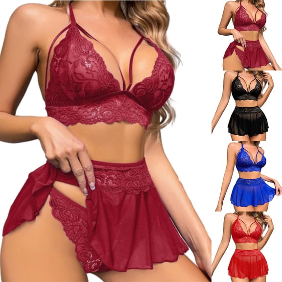 3 Packs Lace Underwear Set for Women BWASD 3 Piece Sheer Lace Mesh Teddy Babydoll Dress Matching Panty Sleepwear Nightwear Sweet for Romantic Date Night Red,L