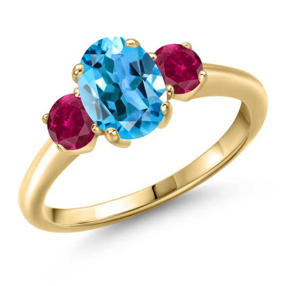 Gem Stone King 10K Yellow Gold Swiss Blue Topaz and Red Created Ruby Engagement Ring for Women | 2.00 Cttw | Oval 8X6MM | Gemstone November Birthstone | Size 6