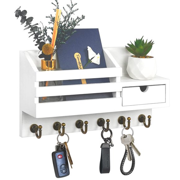 Soporte de pared para llaves y correspondencia con 6 ganchos y cajón