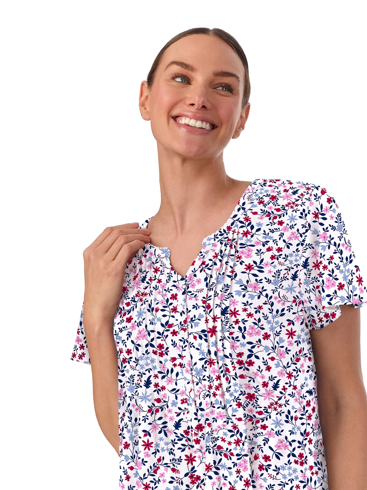 Aria Women’s Short Sleeve Split Neck Brushed Jersey Nightgown, Sizes XS-5X