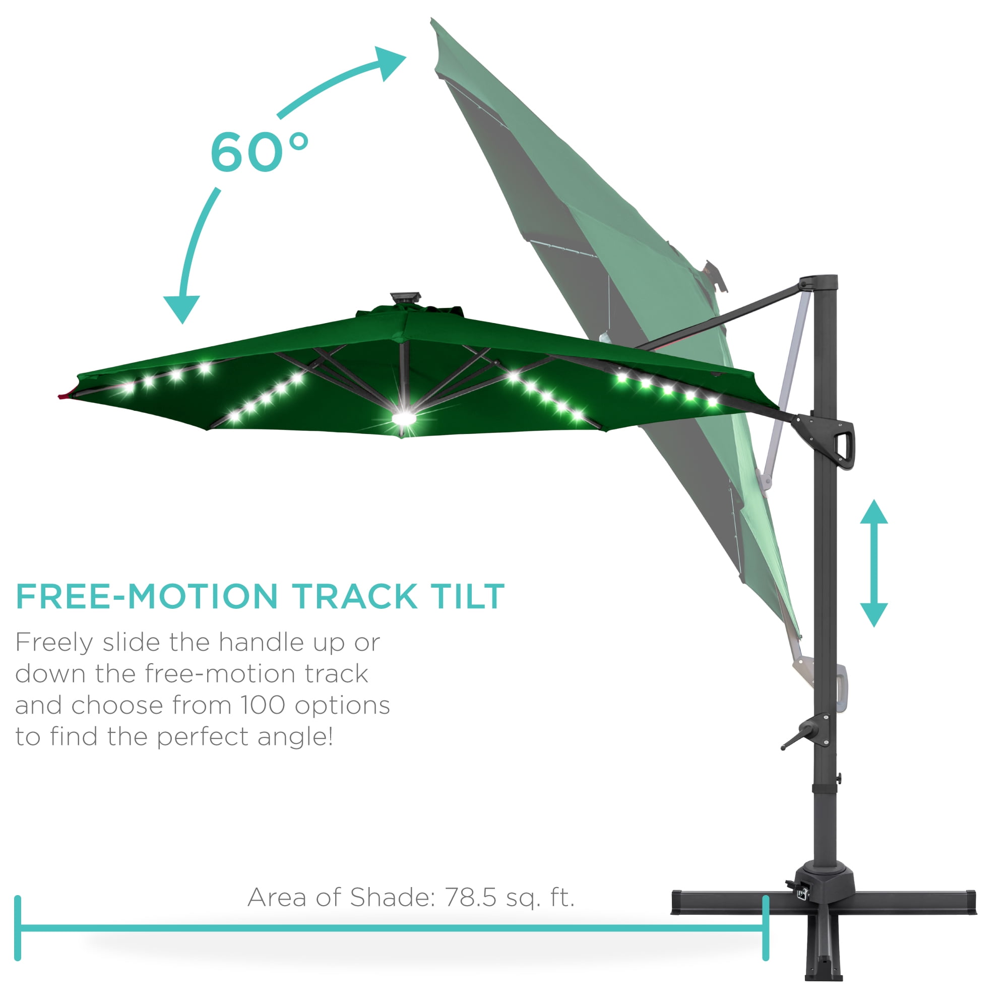 Best Choice Products 10ft 360-Degree Solar LED Lit Cantilever Patio Umbrella, Outdoor Hanging Shade- Green