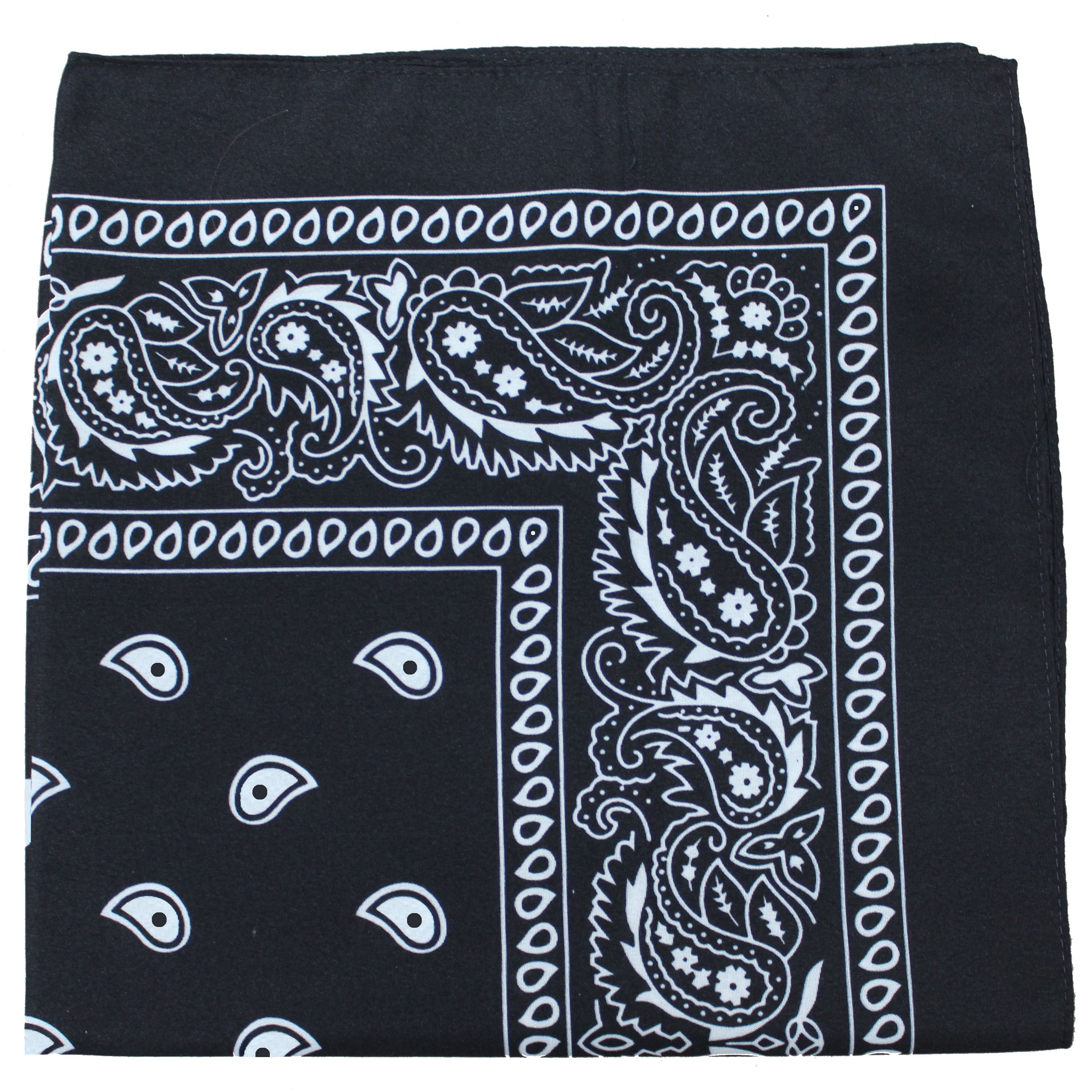 2X BLACK Bandana with WHITE square Paisley pattern ON BOTH SIDES