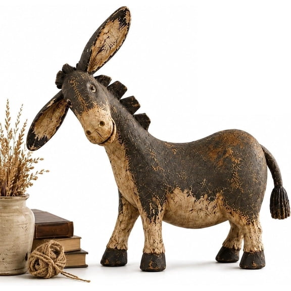 Rustic Donkey Figurine for Farmhouse Decor, Distressed Resin Statue Vintage Farm Animal Statue • Country Shelf Accent • Primitive Cottage Decor