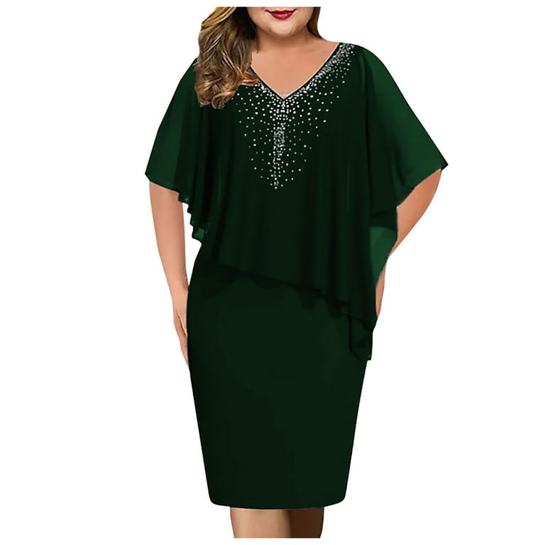 BEEYASO Womens Dresses 3/4 Sleeve A-Line Knee Length Casual Summer V-Neck  Solid Dress Green L