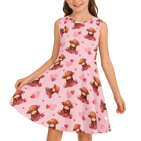 Girls Cow Dresses Sleeveless Crewneck Cartoon Cow Print Summer Casual Girls Farm Dress Size 8-9Y