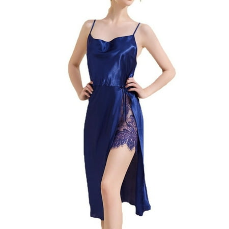 

Homgro Women s Silk Nightgown Summer Chemise Knotted Lace Satin Pajama Dress Drape Neck Backless High Slit Knee Length Sleep Dress Spaghetti Straps Lingerie Flounce Flowy Navy Blue Large