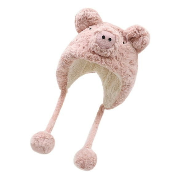 Cartoon Piggy Plush Hat with Ears Winter Warmth Earflap Hat with Fleece Lining Hat for Children and Adults