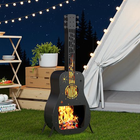 Outdoor Fire Pit, Fire Pits for Outside Wood Burning, Guitar Shaped Chiminea Outdoor Fireplace, Smokeless Firepit for Patio, Portable Fire Pit for Camping