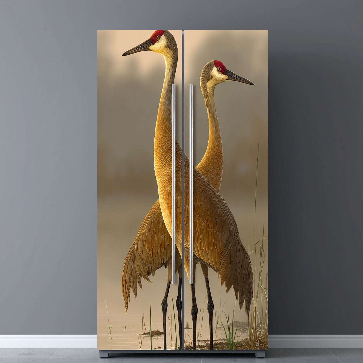 Self Adhesive Vinyl Refrigerator Wrap Set pair sandhill cranes water sunset lake Door Mural Removable Fridge Sticker Peel and Stick&nbsp;Full Door Cover Decal Kitchen Bar Decor
