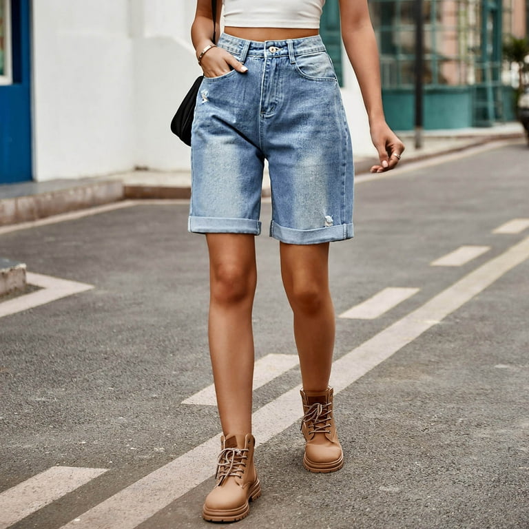 Casual Street Solid Ripped Make Old Mid Waist Denim Shorts Casual Street Solid Ripped Make Old Mid Waist Denim Shorts