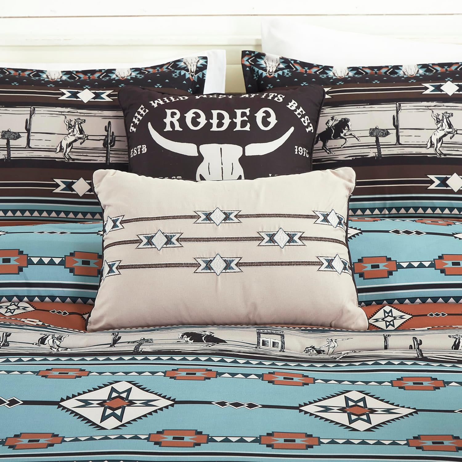 Chezmoi Collection Boone 7-Piece Southwestern Cowboys Rodeo Comforter Set, Multicolor Blue Brown Beige Clay Printed Washed Microfiber Bedding, California King