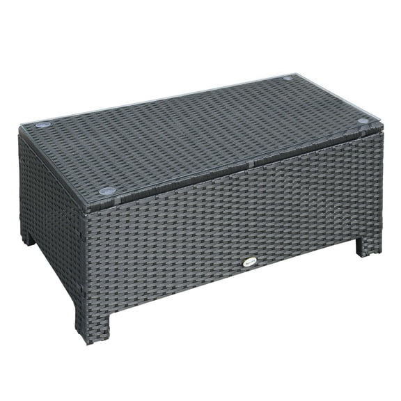 Rattan Coffee Table Outdoor, Weather-Resistant Wicker Patio Side Table, Black, Tempered Glass Top, 33.5" L x 19.75" W