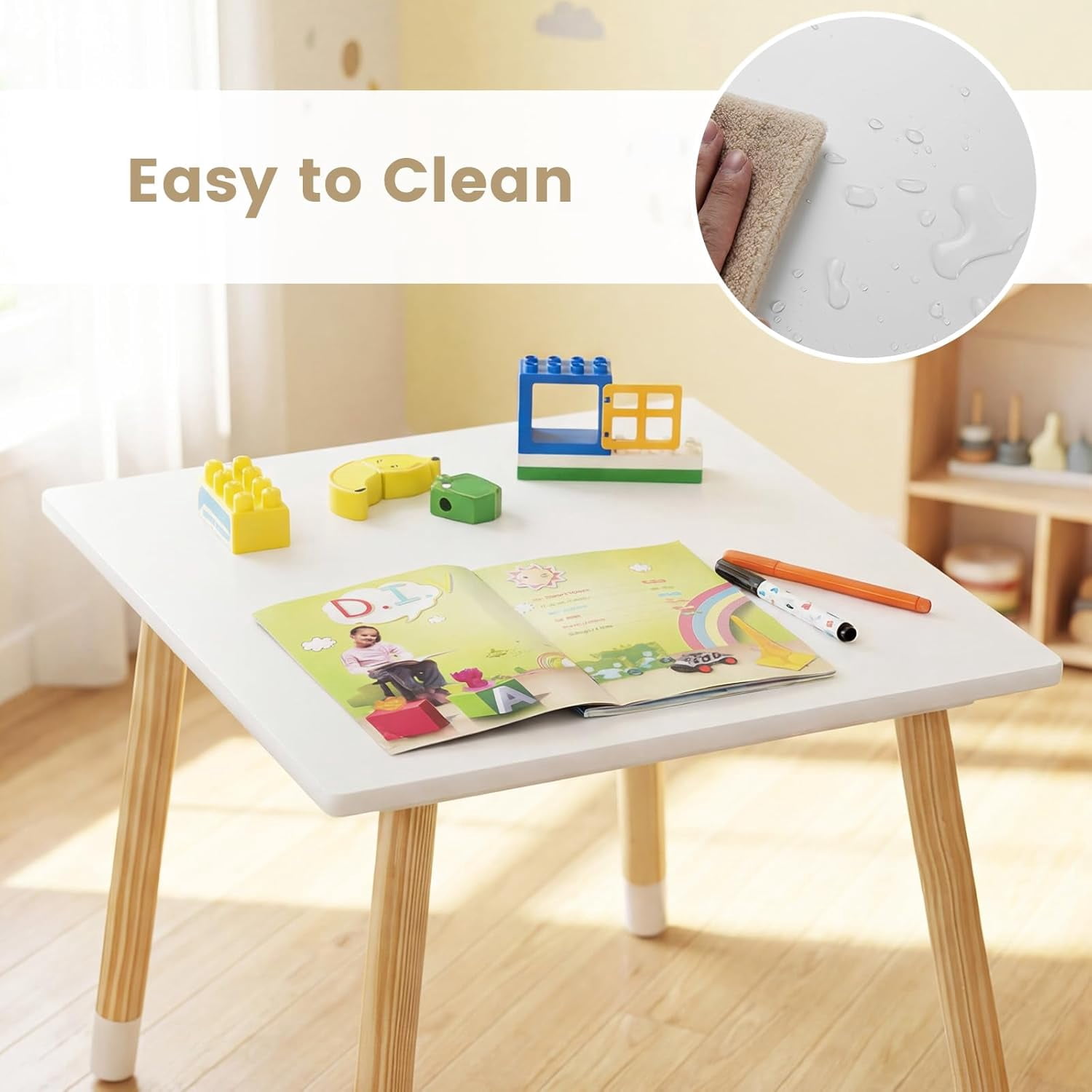 INFANS Kids Table and Chair Set, Wooden Toddler 3-Piece Desk for Playing Eating Drawing Reading Art Crafts, Ideal Children Furniture for Kindergarten Classroom