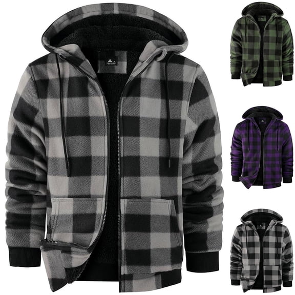 Purcolt Men's Flannel Jacket with Sherpa Lining, Zip Up Hooded Zip-Up Fleece Plaid Shirt Jacket for Winter Outdoor Coat with Pockets