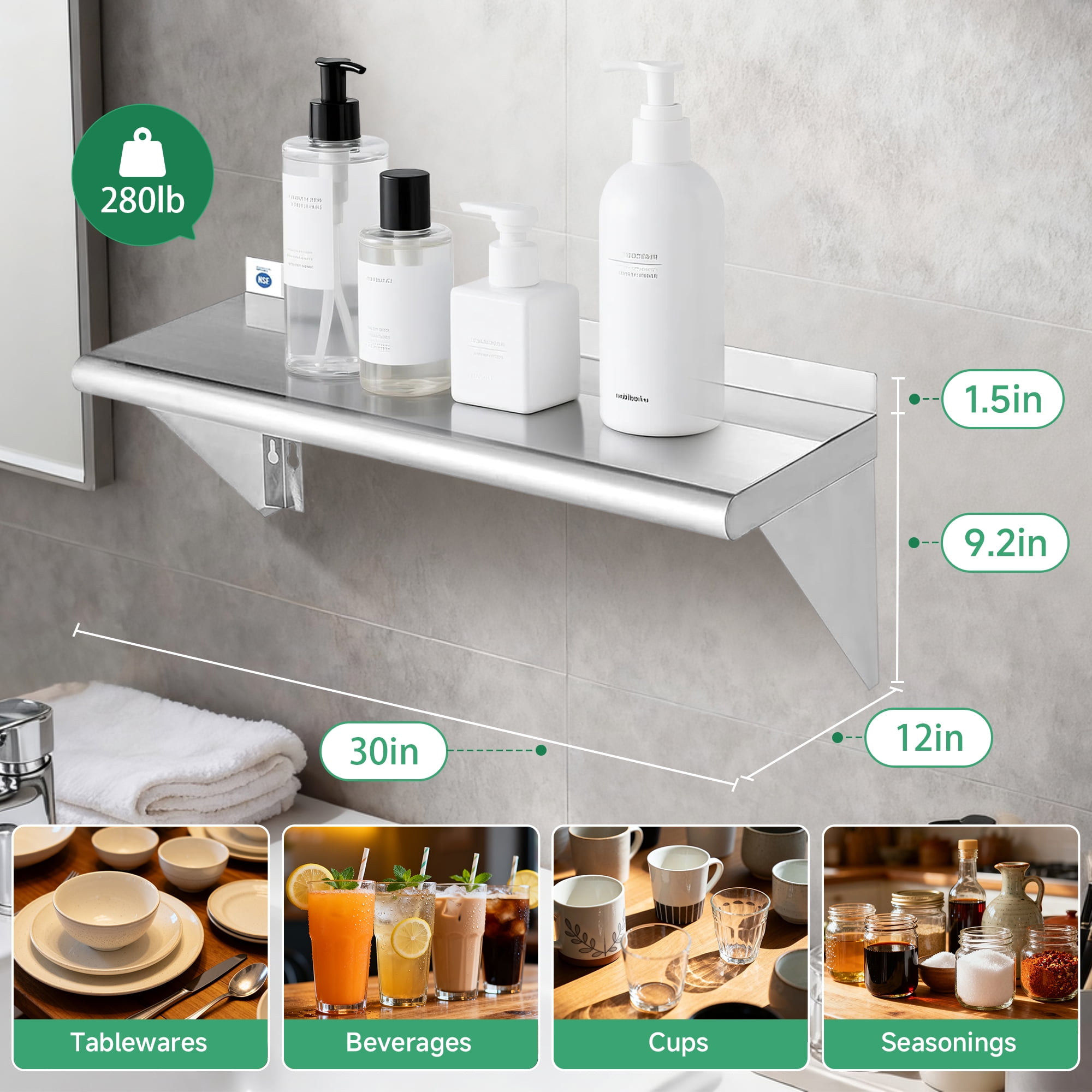 RSN Trend Stainless Steel Shelf 12 x 30 Inches 280lb, 2 Pack Commercial Wall Mount Floating Shelving for Restaurant, Kitchen, Home and Hotel