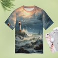 thumbnail image 4 of Lighthouse Sunrise Coast Scenery Pale Blue Tan Women's Short Sleeve T-Shirt Crew Neck Casual Summer Trendy Loose Fit Tops, 4 of 6