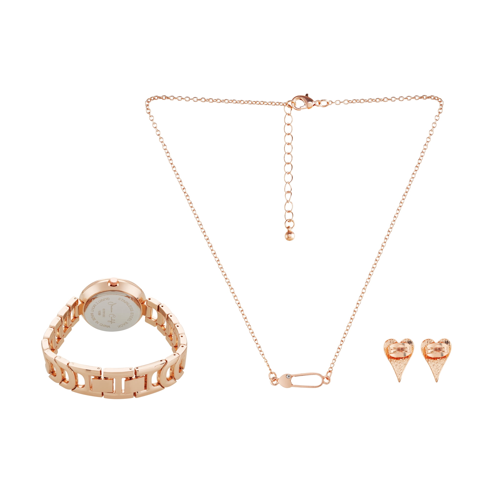 Jessica Carlyle Holiday 2022 Ladies Metal Strap Analog Watch w/ Necklace & Earring Set, Rose Gold