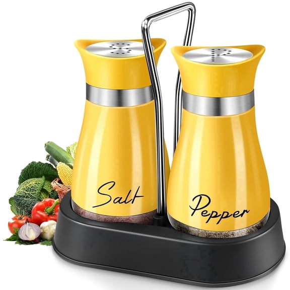 2-Pack Salt and Pepper Shakers, 4 oz Stainless Steel Glass Spice Jars with Base Handle for Kitchen Barbecue (Yellow)