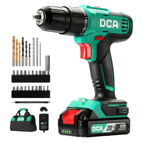DCA Ensemble de Perceuse à Marteau Sans Fil 20V, Couple de 354 Pouces, Mandrin Sans Clé 1/2 Pouces, 22500 IPM, 2 Vitesses Variables, 18+1 Positions, Perceuse à Impact avec 14 Embouts de Perceuse/conducteur