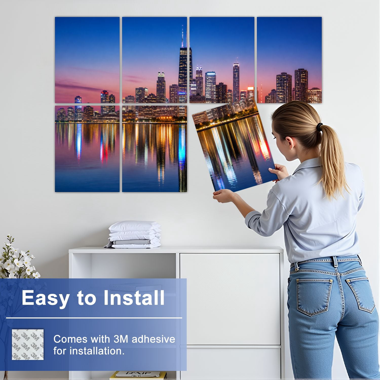 8 Pack Art Acoustic Panels Sound Absorbing Chicago Cityscape Lake Michigan Night Decorative Soundproof Wall Panels Self Adhesive for Nursery Game Room Bedroom 48"x32"