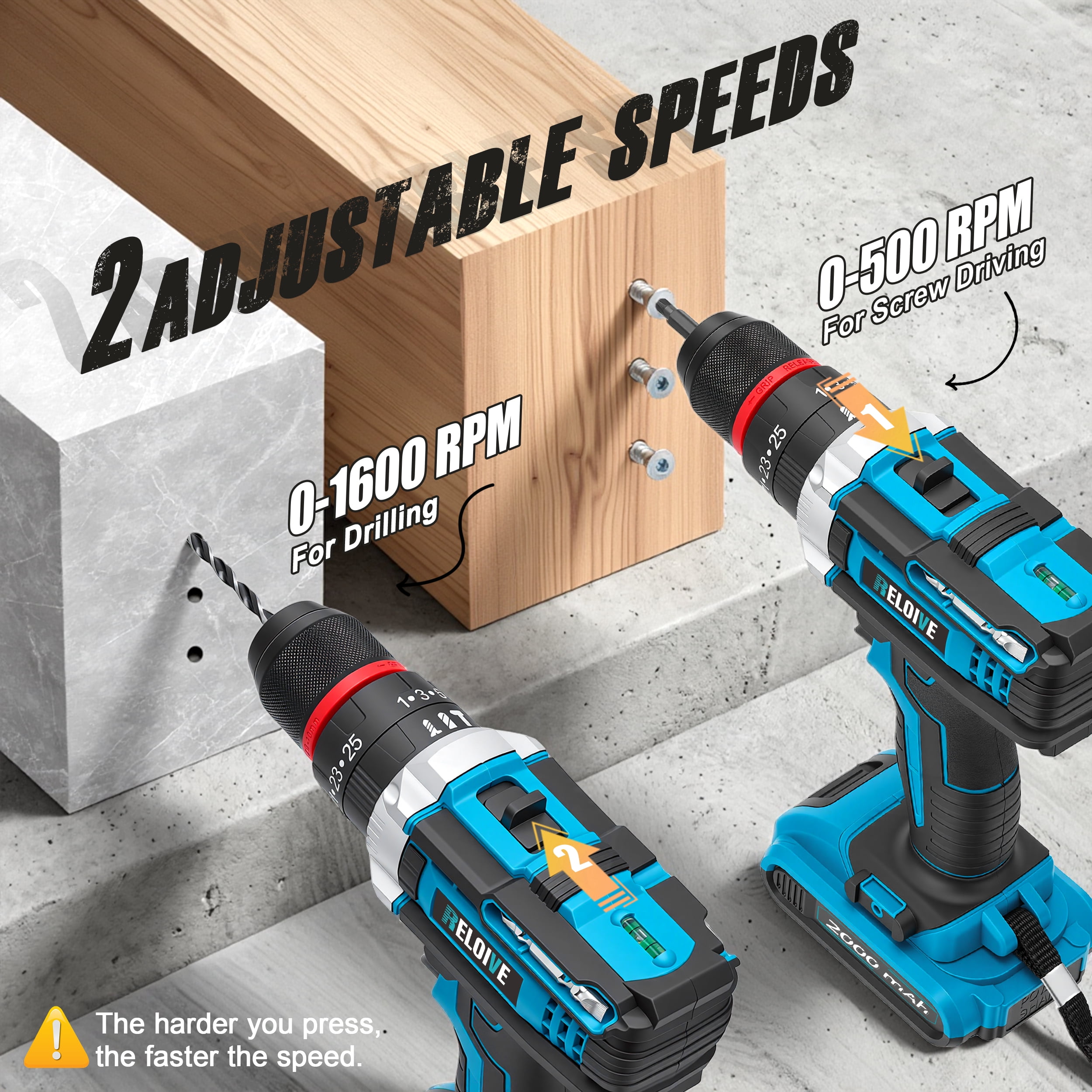 RELOIVE 21V Cordless Drill Driver,Power Drill Set with 2×2000mAh Batteries,4-in-1 Function,45N.m Max Torque,3/8" Keyless Chuck, 25+3 Position