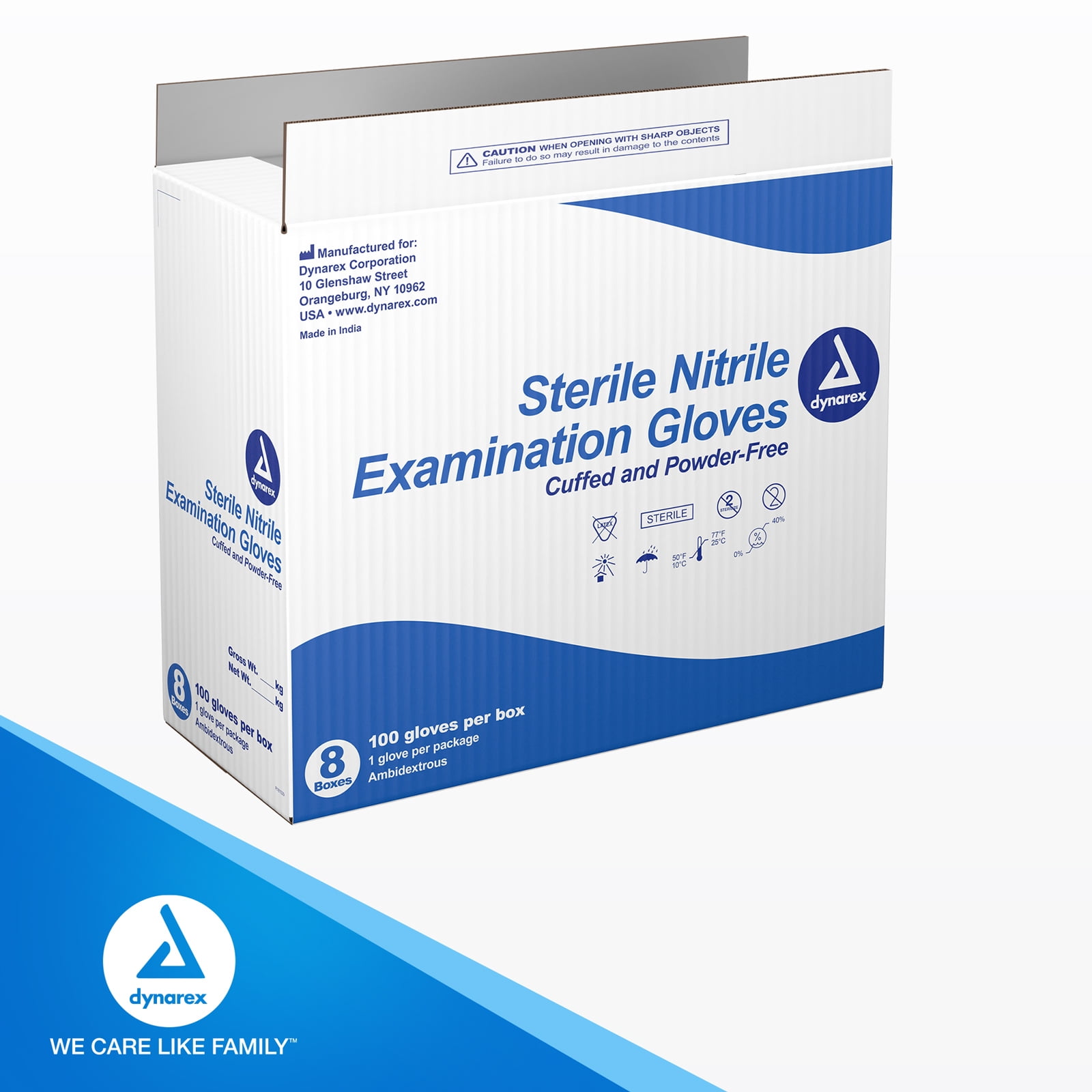 Dynarex Sterile Disposable Nitrile Exam Gloves, Powder-Free, Sterilely Individually Packaged, Textured Palms, Blue, Medium, 1 Case - 8 Boxes of 100