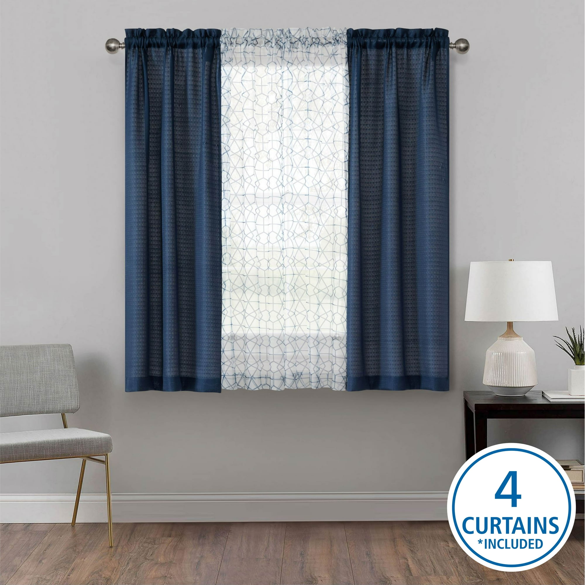 Mainstays Curtain and Sheers Set, 4 Panels, Blue Moon, 27.5 in W x 63 in L