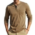 thumbnail image 2 of Domuza Mens Long Sleeve Henley Shirts Cotton 3-Button Fashion Casual Tshirts Fall Soft Comfy Solid Color Regular Fit Basic Tee Brown 3XL, 2 of 5