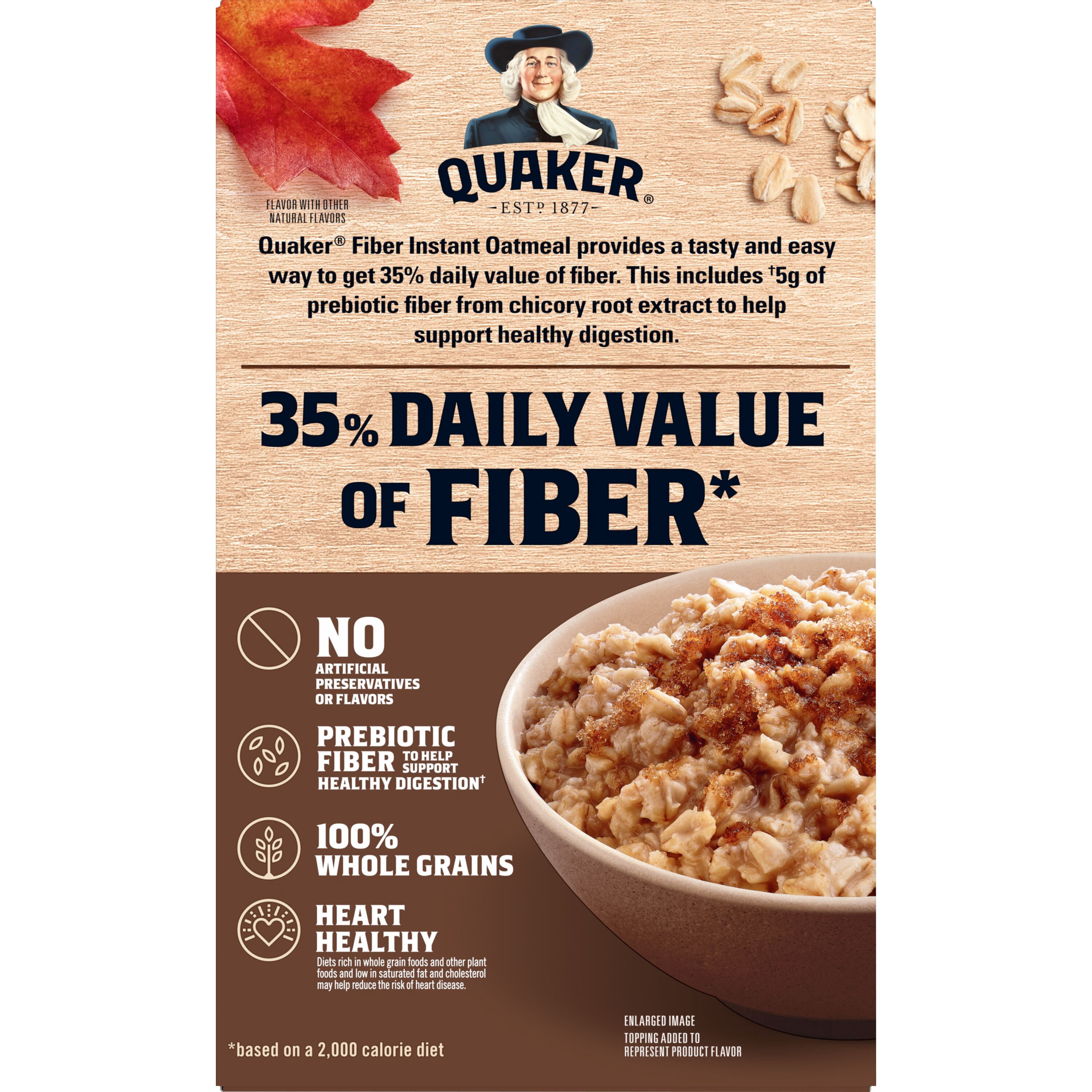 (6 pack) Quaker Fiber Instant Oatmeal, Maple Brown Sugar, 35% Daily Value of Fiber, Whole Grains, No Artificial Flavors, 1.58 oz packets, (8 Pack)
