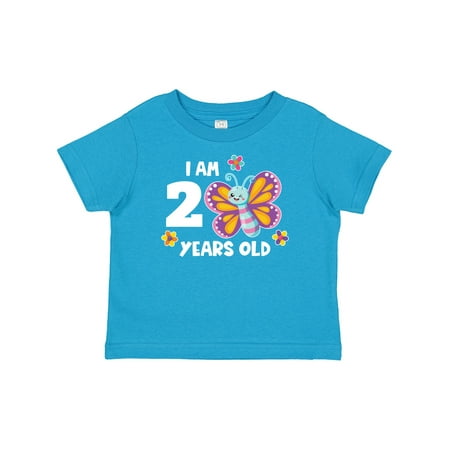 

Inktastic I Am 2 Years Old Cute Smiling Butterfly with Flowers Gift Baby Girl T-Shirt