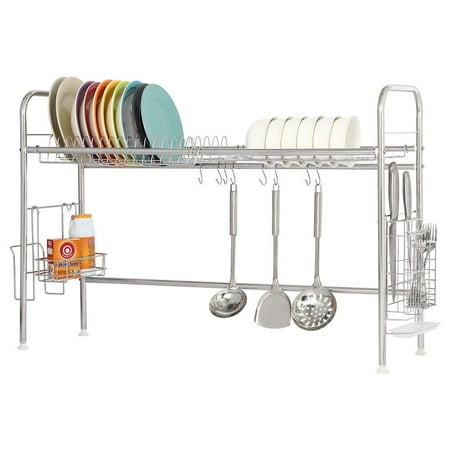 NEX Single Layer Adjustable Stainless Steel Dish Rack With Utensil And Chopstick Holder, S-Hooks, Storage Basket, And Draining Tray