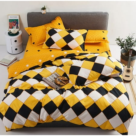 Buffalo Check Gingham Plaid Geometric Checker Printed In White Black And Yellow Bedding Duvet Cover Set Queen Soft Microfiber Breathable Comfortable With Zipper Closure Canada Yellow Bedding Duvet Cover Set Queen, Black And White Check Queen Bedding