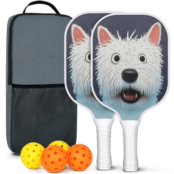 Pickleball Paddles Set Of 2, Fiberglass Surface, Astonished Dog Print, 4 Balls & Bag