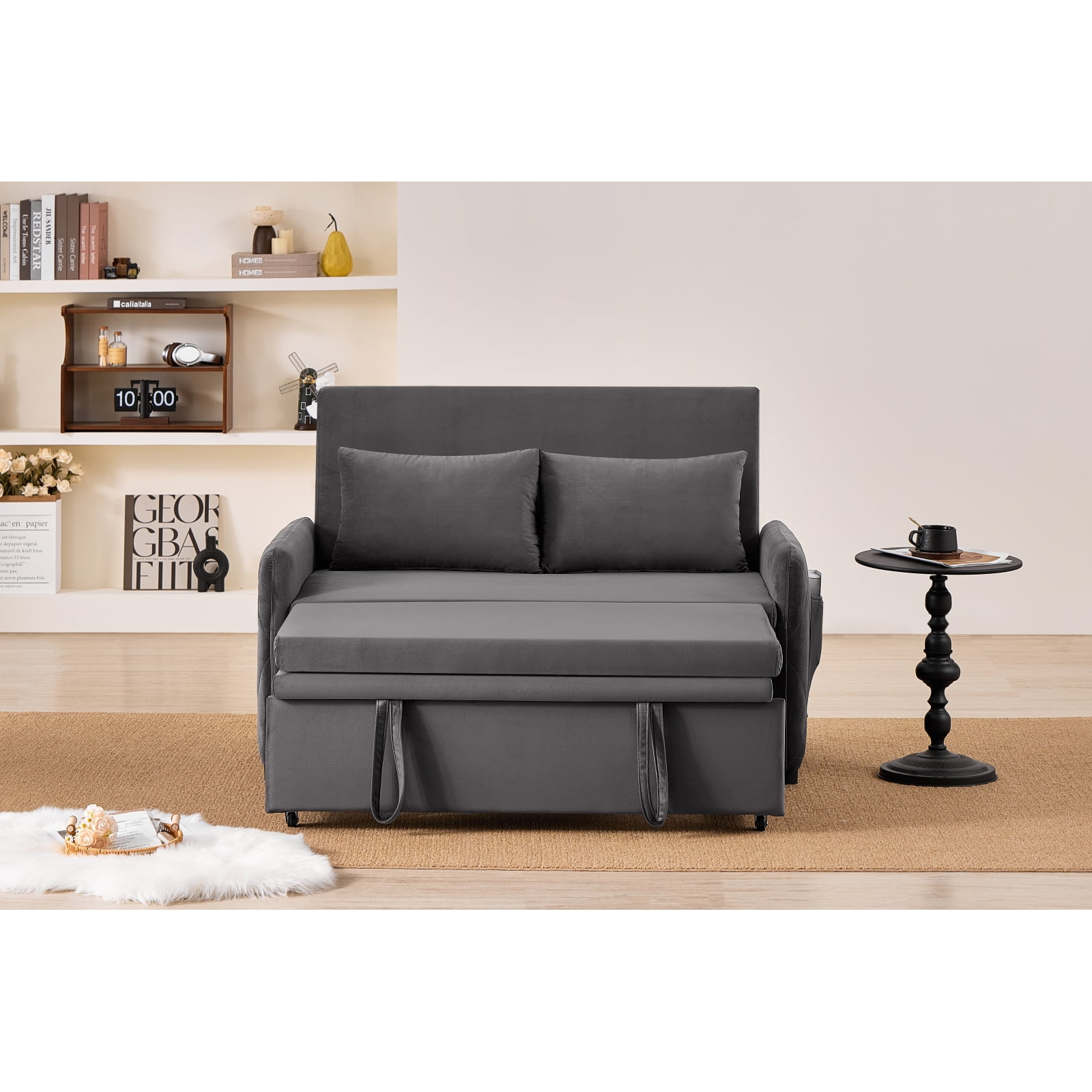 Leumius 3 in 1 Convertible Sleeper Sofa Bed, Modern Convertible Sofa Bed with 5-Position Adjustable Backrest,Velvet Pull Out Couch with Pull Out Bed for Living Room Furniture,Gray