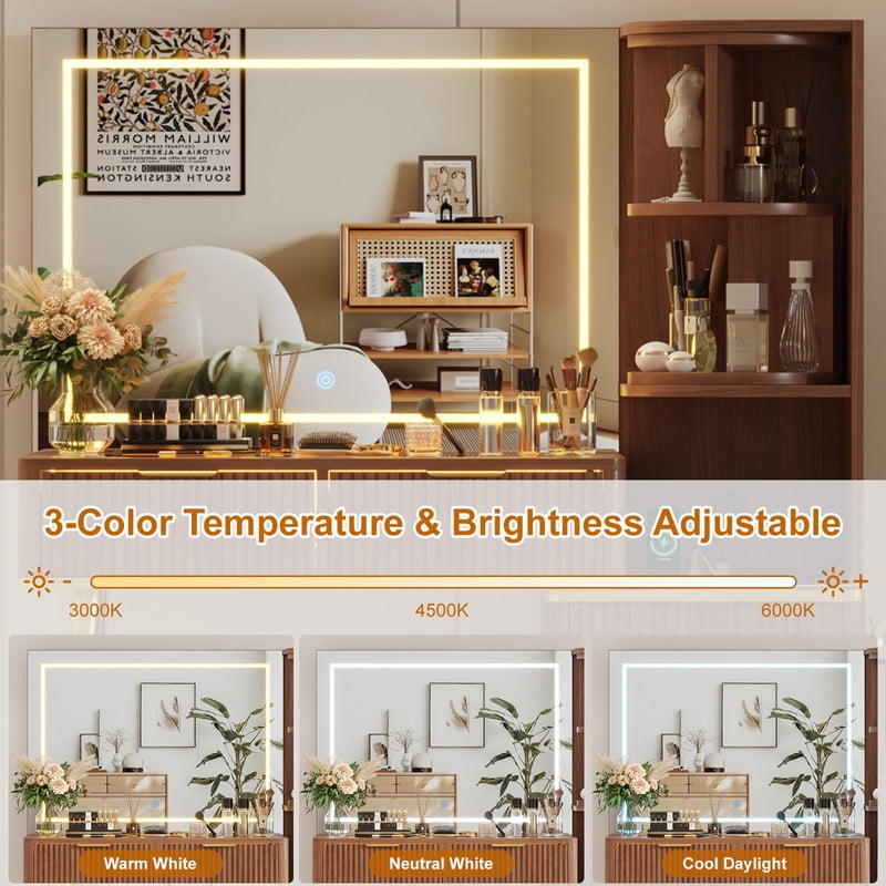 41.7" Fluted Makeup Vanity Desk with Large 30" Mirror and Rotating Cabinet, Modern Glass Top Big Vanity Table with 4 Drawers & Lights, Dressing Table Set Charging Station for Bedroom