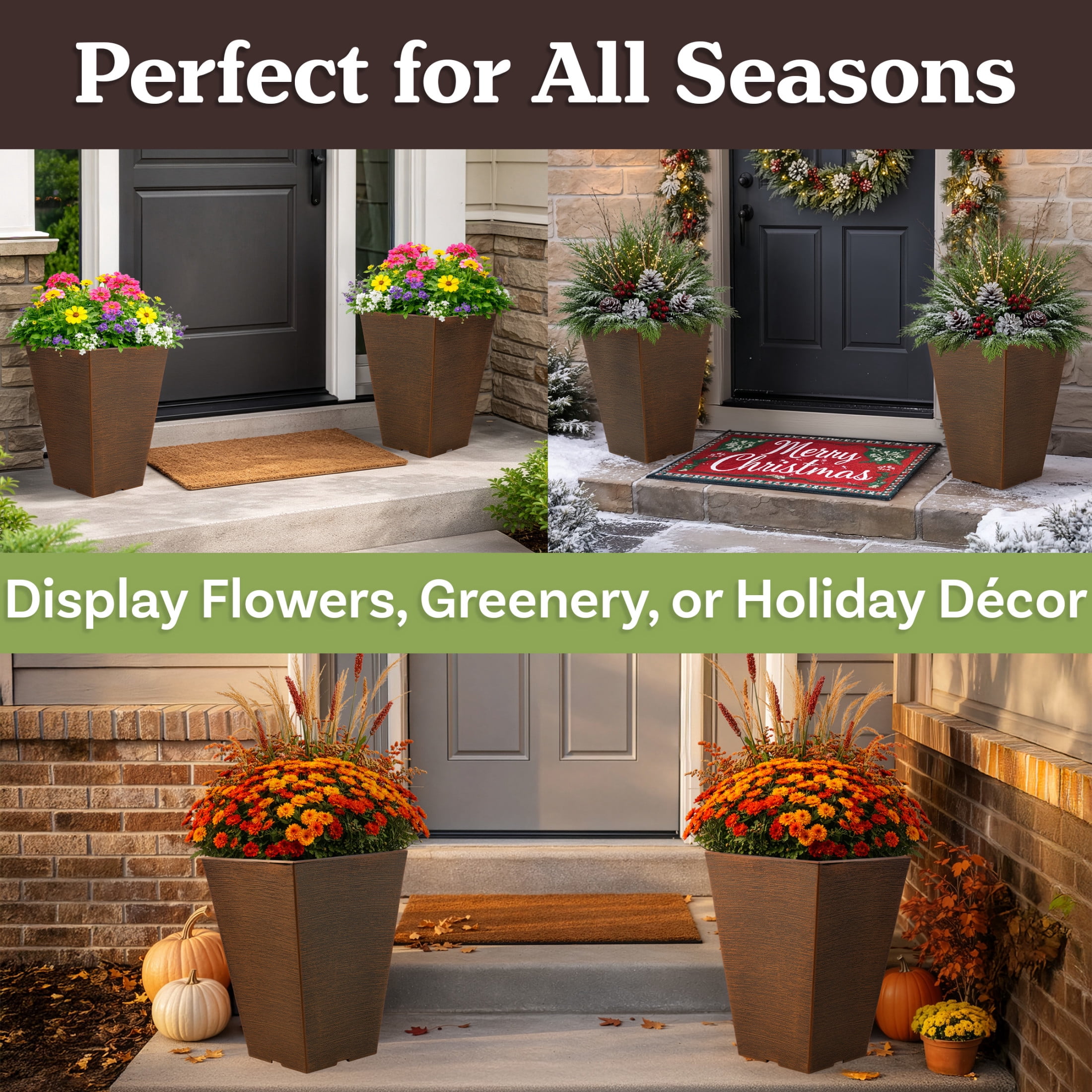 Pure Garden Large Outdoor Planters 2-Pack - 13.75” Tall Planters for Outdoor Plants or Indoors, Bronze