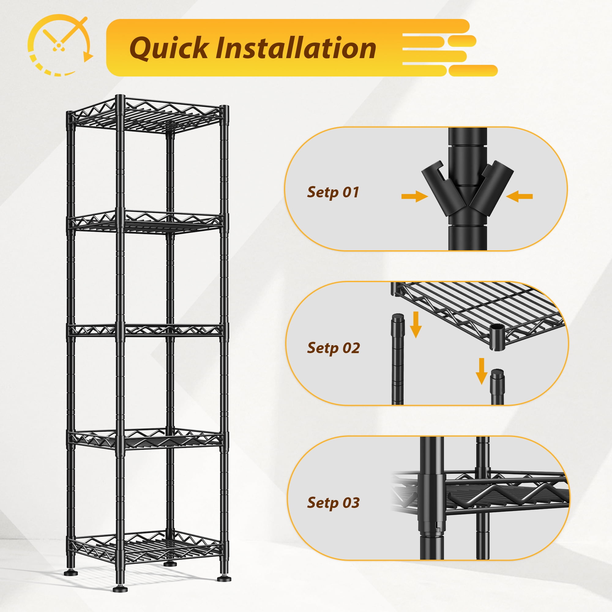 REIBII 5-Tier Black Metal Wire Shelving Unit 12″W×12″D×49″H Adjustable Narrow Storage Rack for Bathroom Kitchen Closet Laundry，Black
