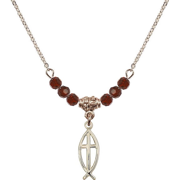 18-Inch Hamilton Gold Plated Necklace with 4mm Red January Birth Month Stone Beads and Fish / Cross Charm