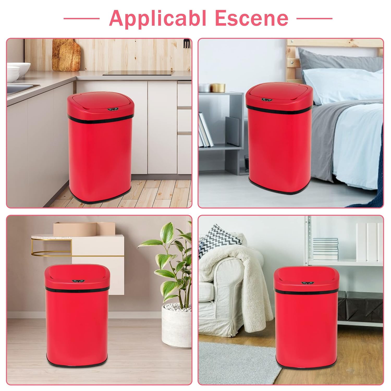 Dkelincs 13 Gallon Touch-Free Automatic Stainless Steel Garbage Can Kitchen Trash Can with Lid, Red