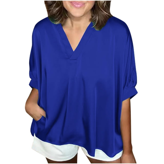 Timegard Oversized Tops for Women Satin V-Neck Short Sleeve Solid Color Work Casual Loose Tops Blouse