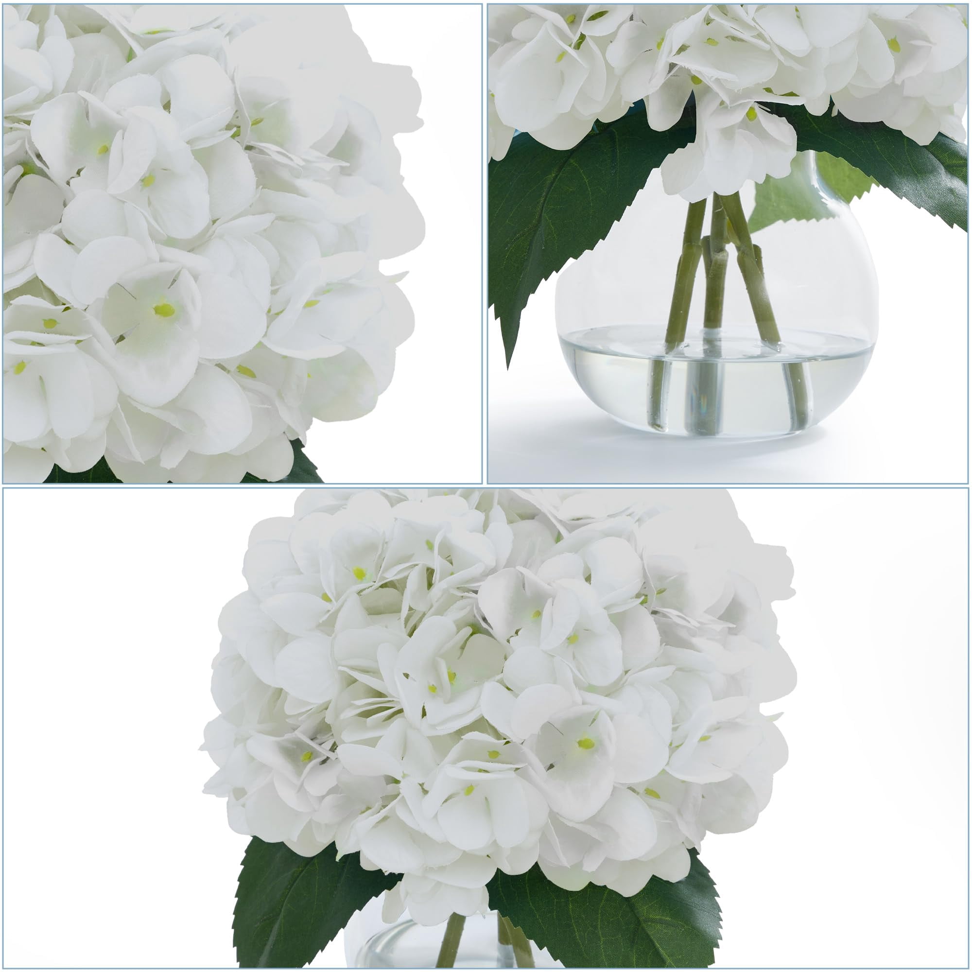 2-Pack Artificial Hydrangeas in Glass Vase with Faux Water - White Faux Flower Arrangement for Table Centerpiece, Home Office, Shelf & Bathroom Decor