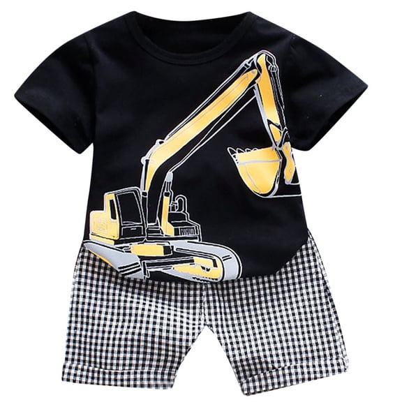 LNMQLPDBS Toddler Boys Short Sets Cartoon Print Crewneck Short Sleeve Basic T Shirt & Plaid Shorts 2pcs Outfits Baby Clothes Boy Summer Casual Breathable Suits for School Vacation and Seaside Play