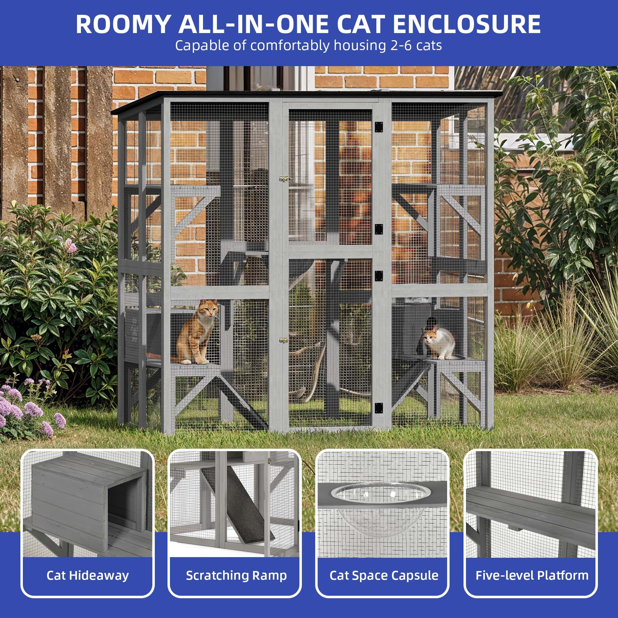 ModFusion 71" Weatherproof Wooden Cat Cage with 5 Platforms & 2 Cozy Houses – Durable Indoor/Outdoor Cat Enclosure with Sisal Stairs & Asphalt Roof