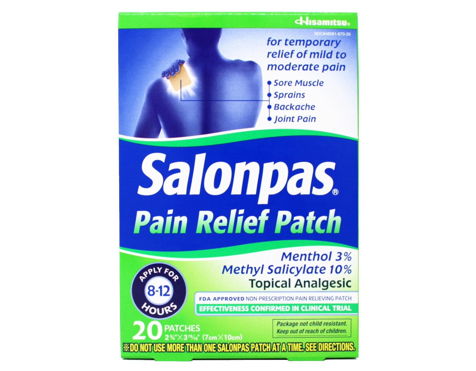 Salonpas Pain Relieving Menthol and Methyl Salicylate Patch, 20 Count, for Back, Neck, Shoulder, Knee Pain and Muscle Soreness, 12 Hour Pain Relief - 5 Pack